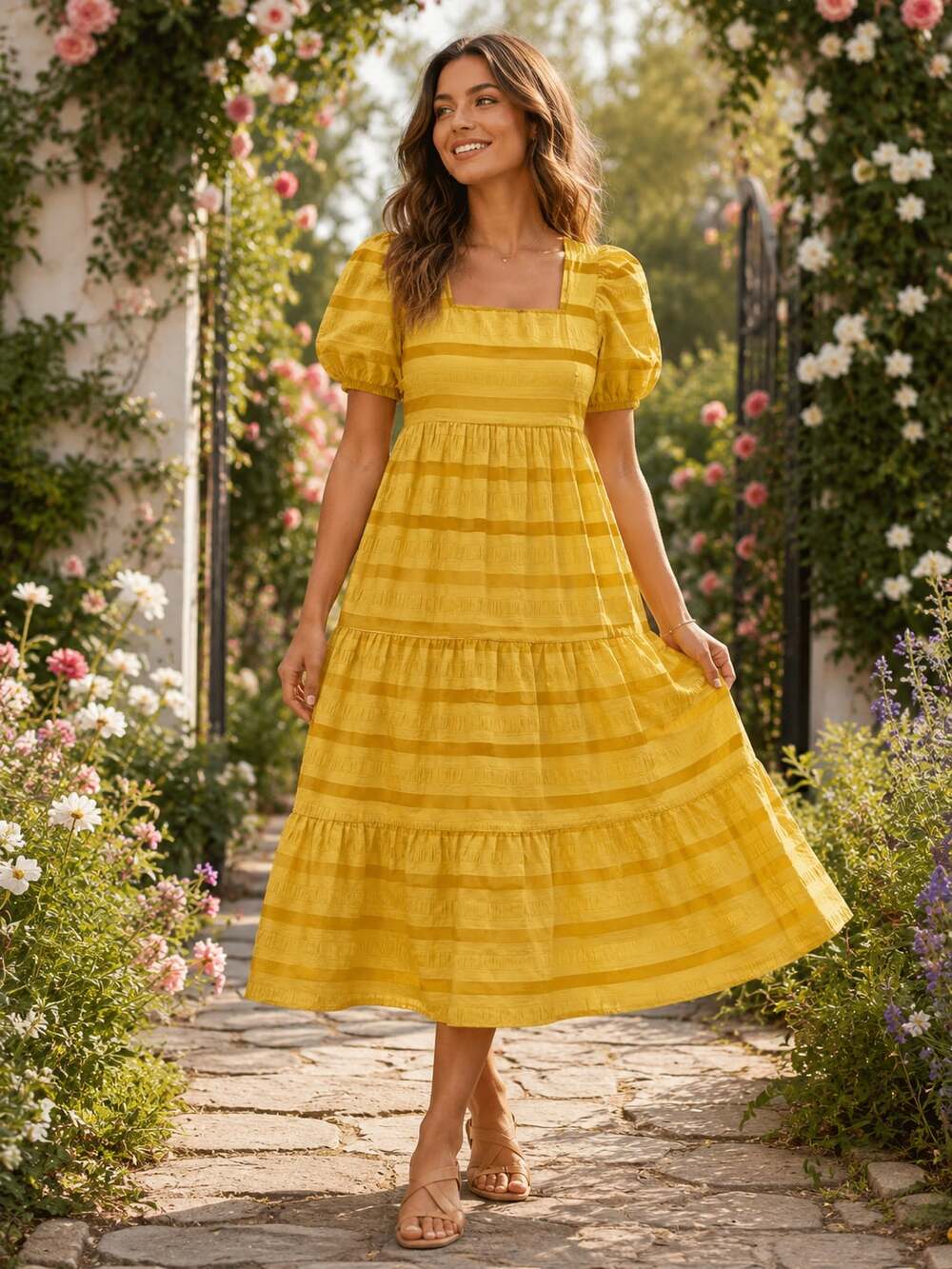 Mikarose Yellow Striped Puff Sleeve Tiered Midi Dress Cottagecore Size Small
